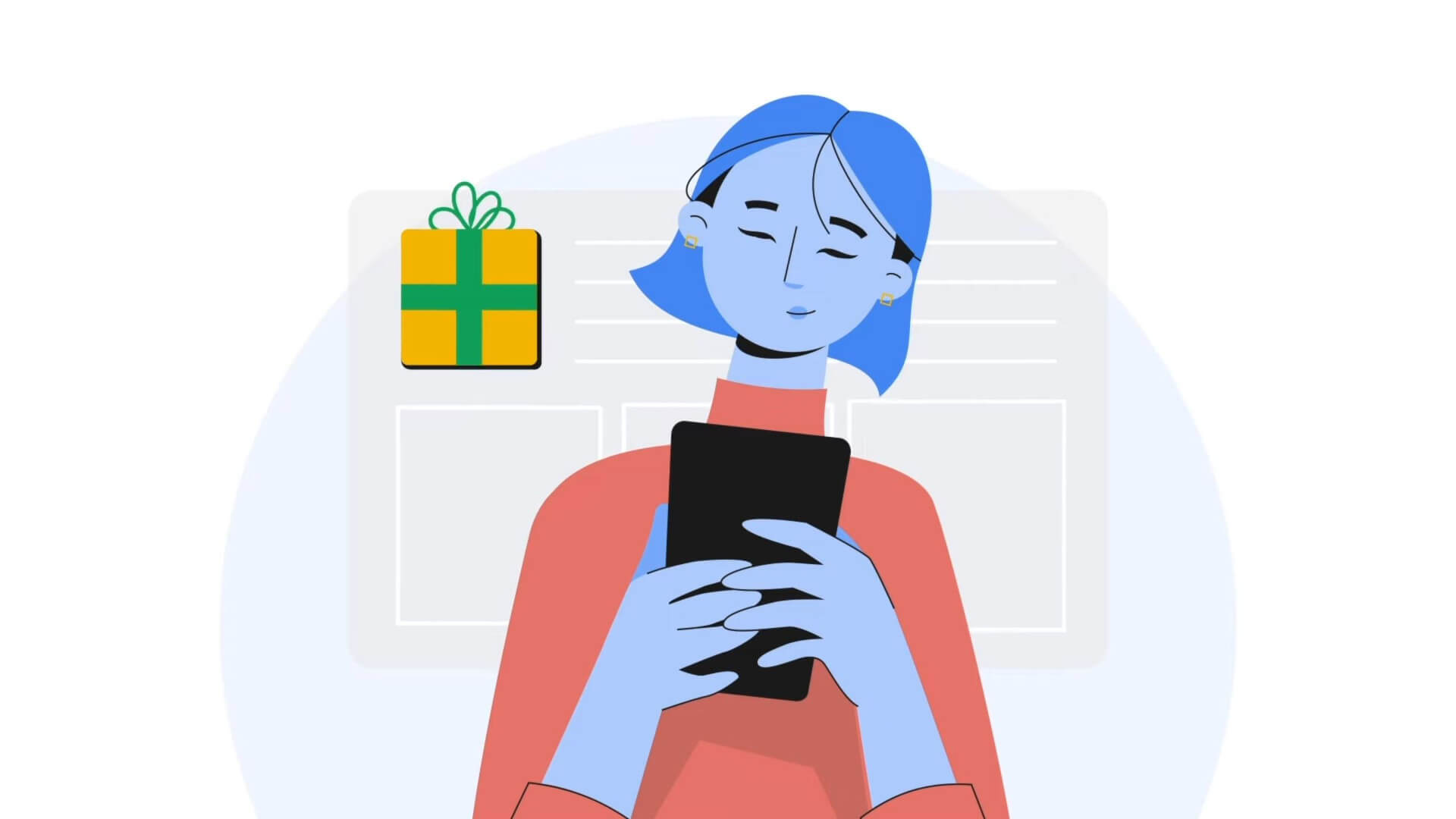 An illustrated image of a woman using her Android phone to look things up on Google, intended to represent CyanogenMod being told to take its app down from the Play Store