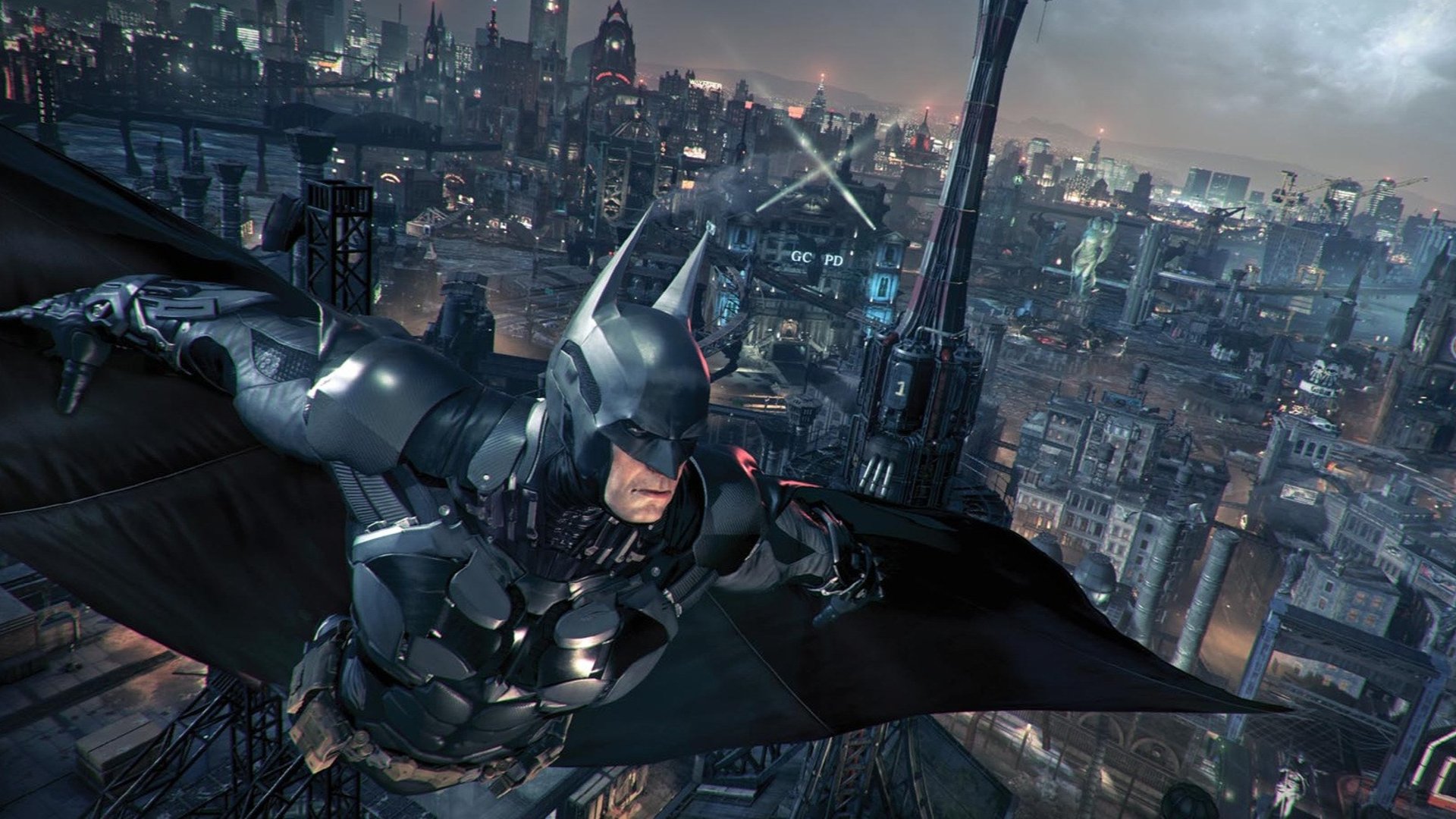 Batman can be seen swinging around the city