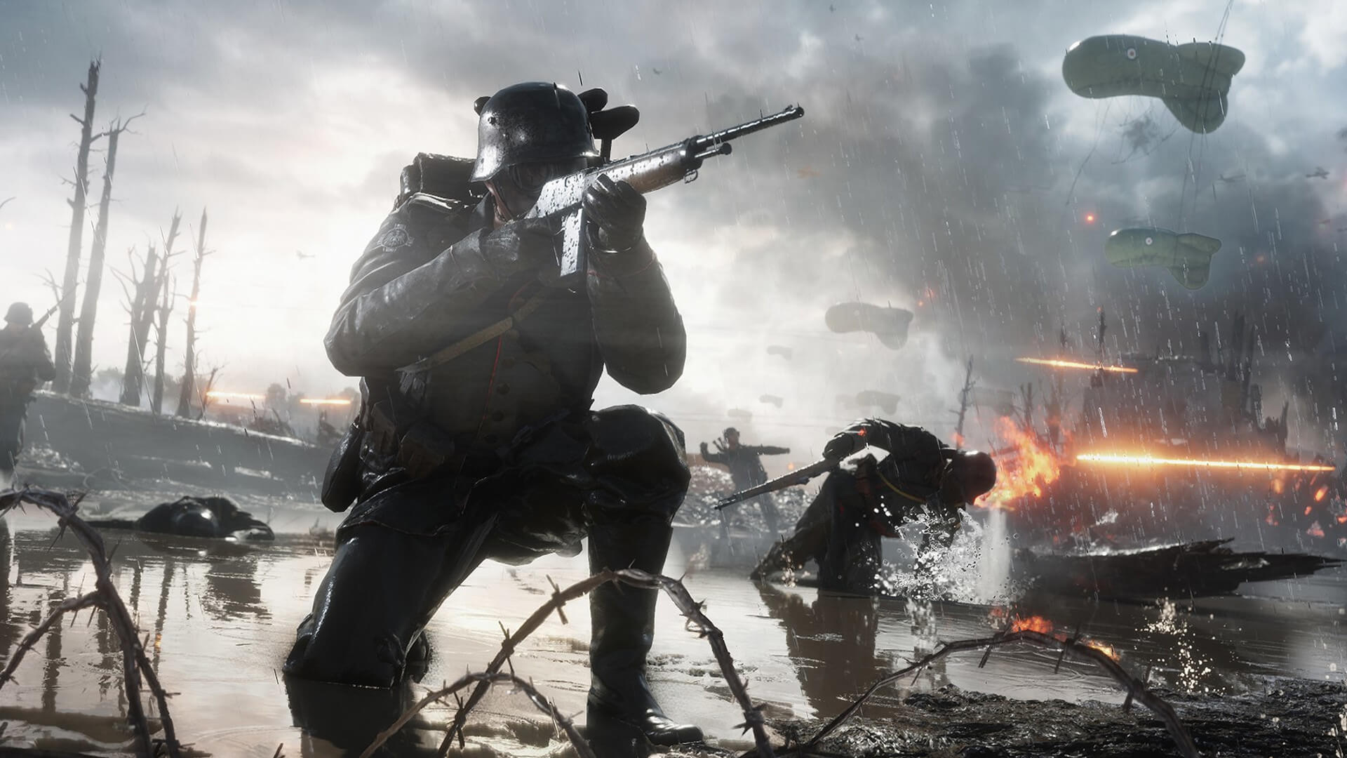 A soldier wielding a gun while his comrades fall around him in Battlefield 1