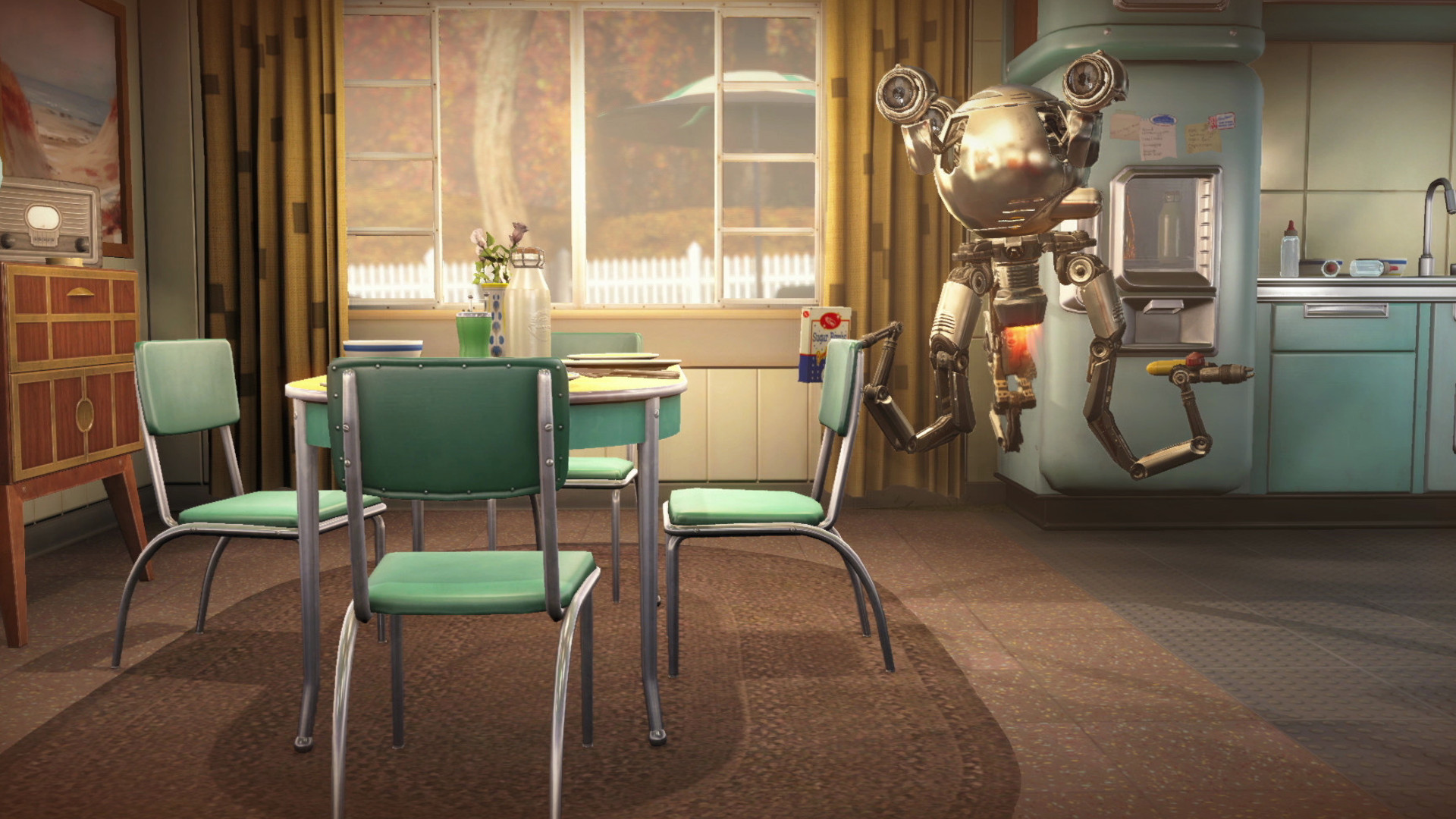 A Mr. Handy robot floating in a pre-war pastel-colored house in Fallout 4