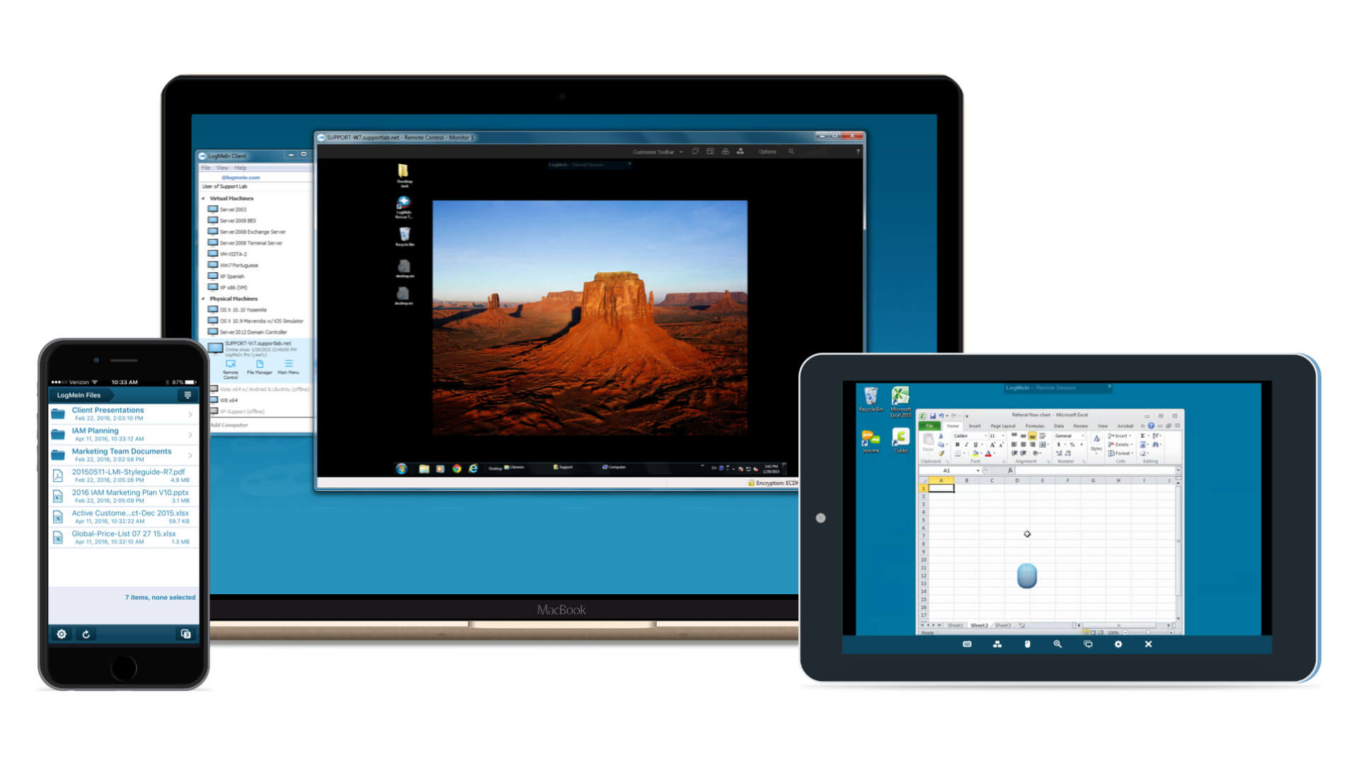 Several devices showing LogMeIn screens