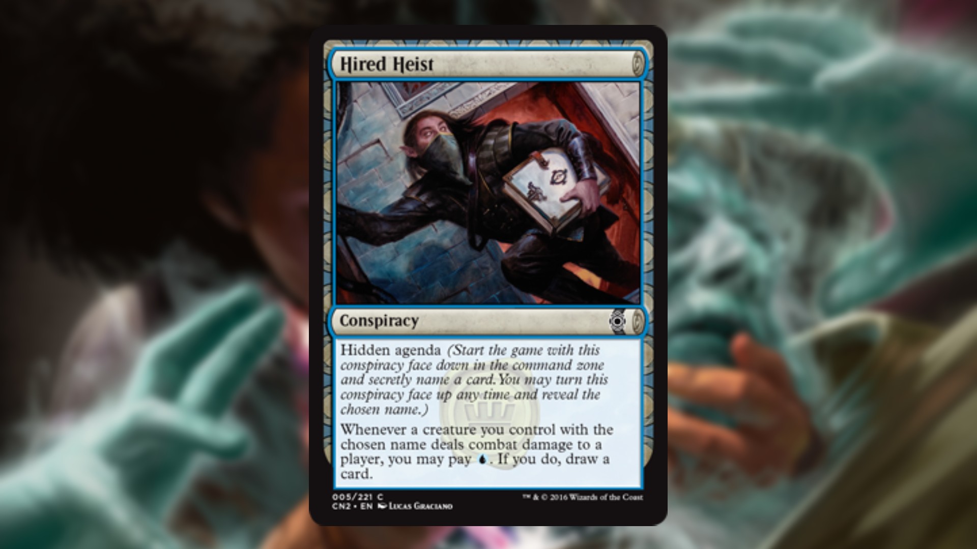 magic the gathering card in blue wirth a strange borded, and art depicting a face-mask wearing thief