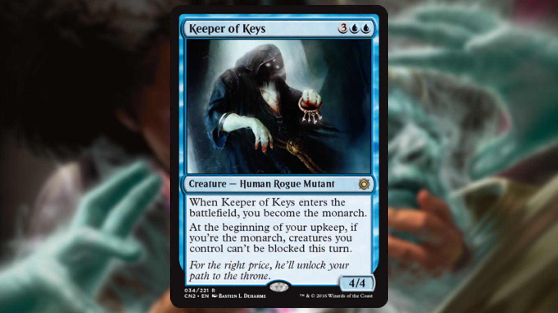 magic the gathering card in blue with art depicting a humanoid figure wearing a hood and cloak and clutching a set of keys