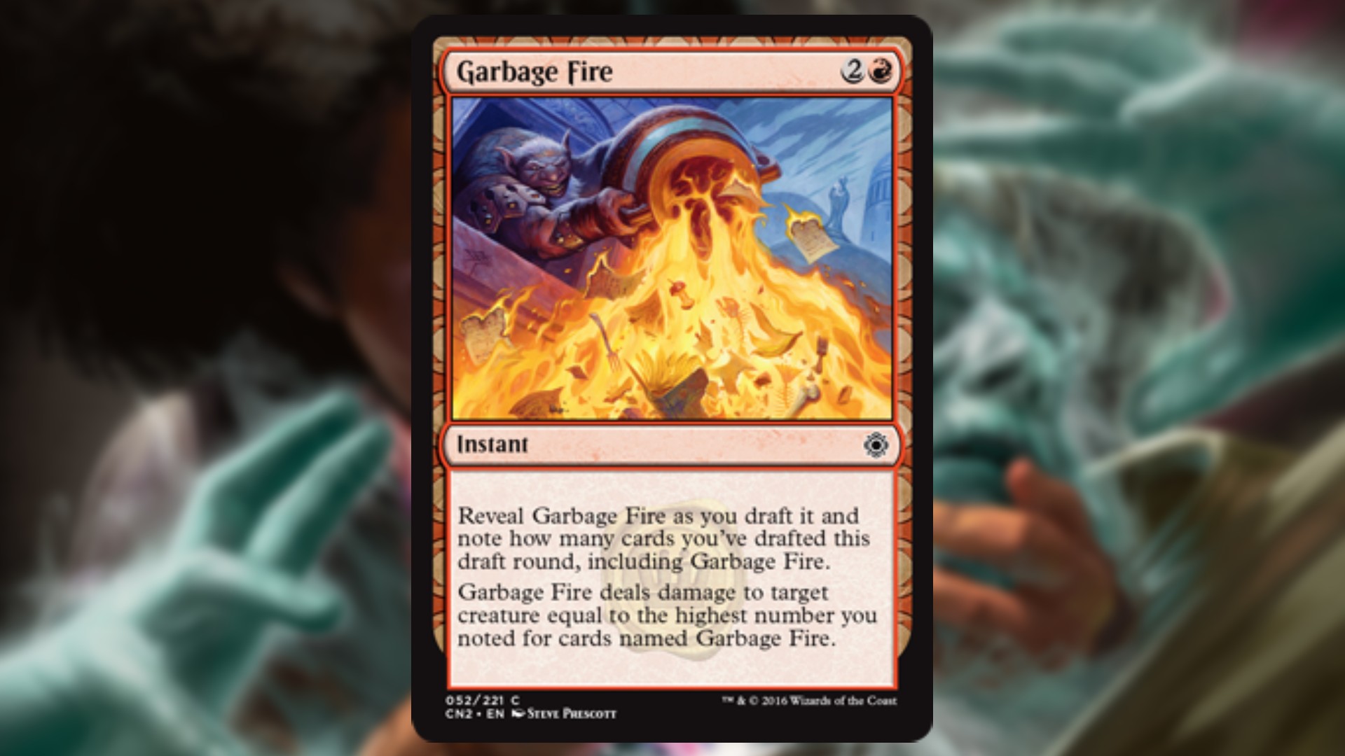magic the gathering card in red with art showing a goblin like creature pouring fire onto the viewer