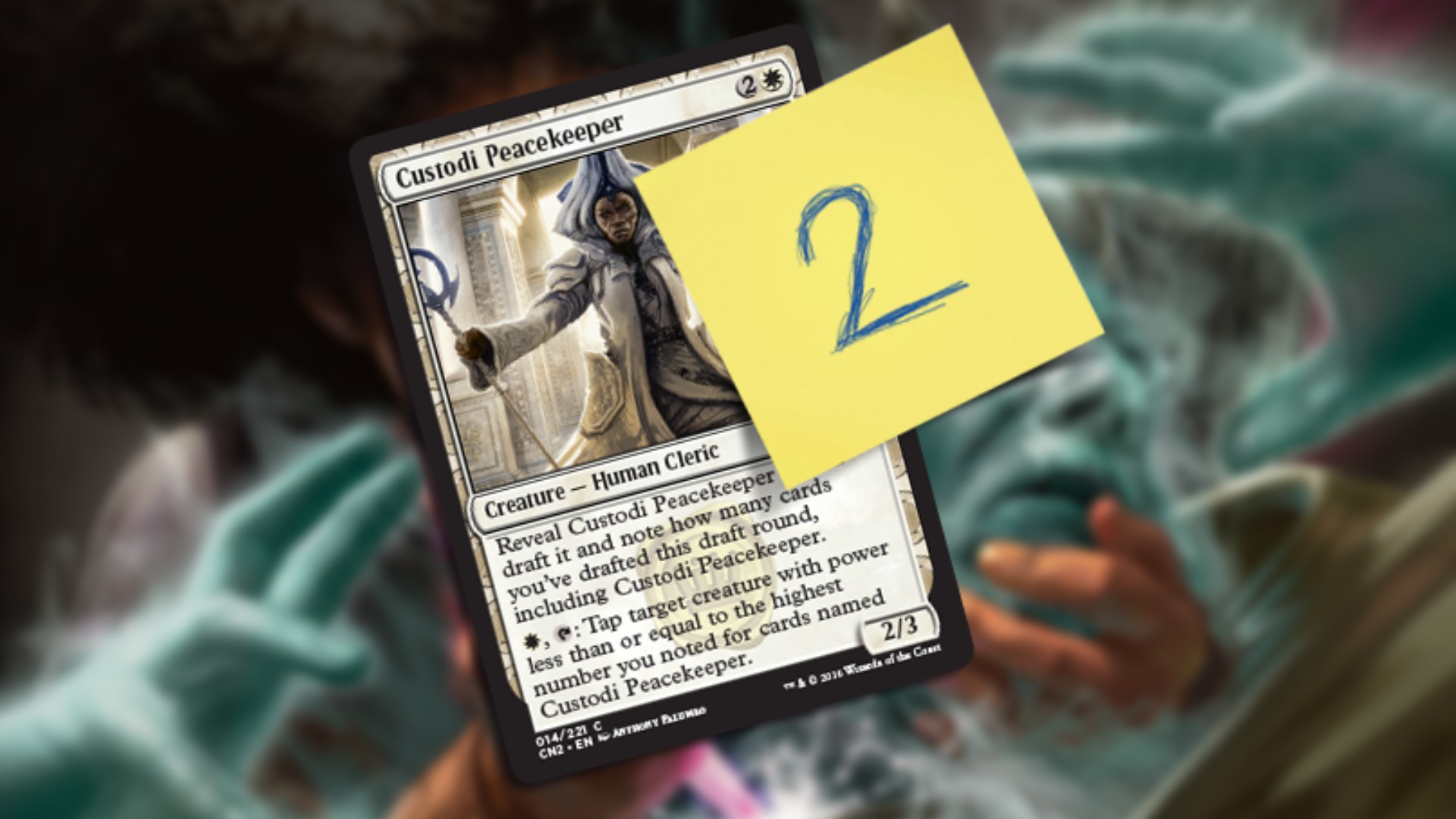 magic the gathering card in white with art of a human priest in white robes on it as well as a stiky note with the number 2 written on it 