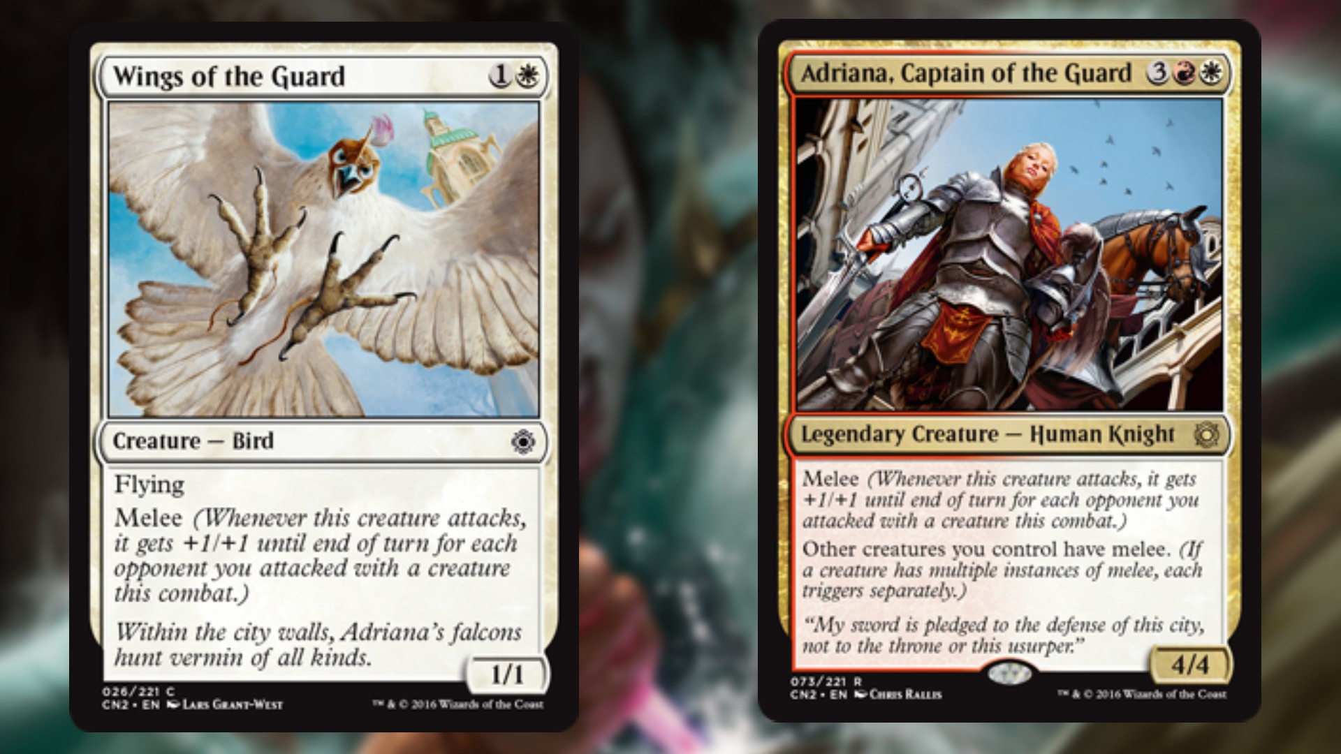 two magic cards in white and gold with art first depicting a giant white bird and secondly a female knight looking down at the viewer 
