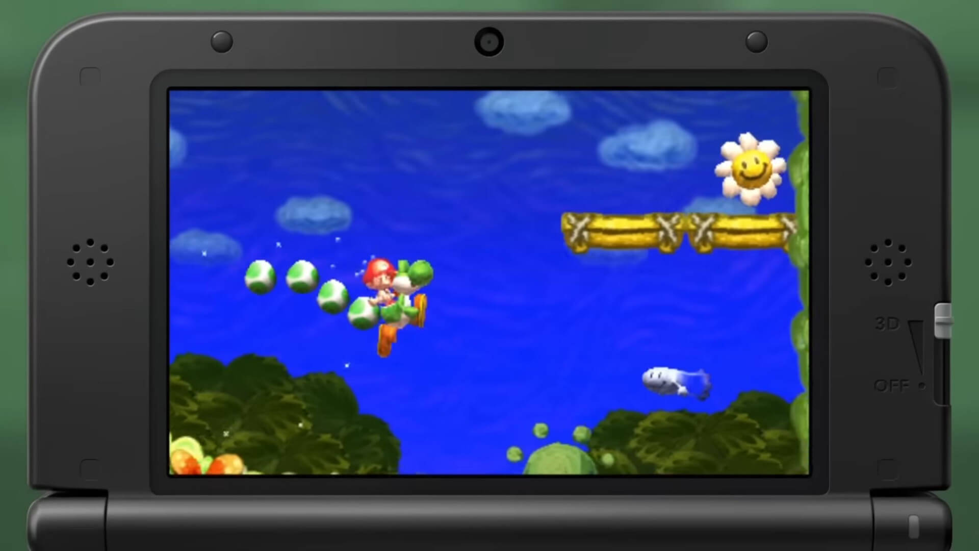 Yoshi leaping up towards a platform to collect a flower in Yoshi's New Island on 3DS