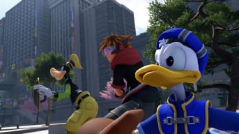 Donald, Sora, and Goofy can be seen in a street.