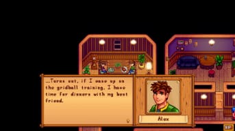A friendly dinner with Alex from a Stardew Valley mod.