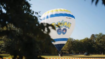 A huge hot-air balloon with the Pokemon Go logo on it