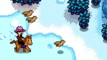 Stardew Valley screenshot showing a pixel-art farmer riding a horse in a snowy landscape with various animals running aronud the background. 
