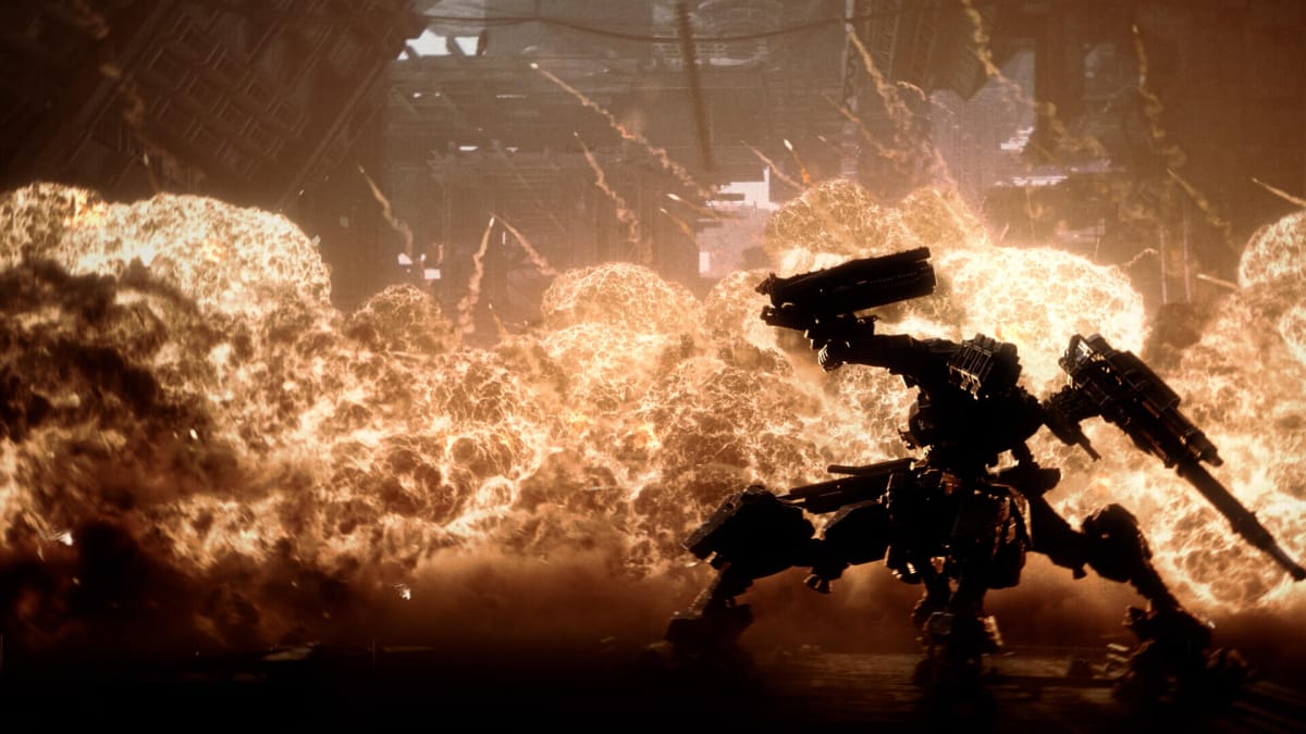Armored Core 6 screenshot shows a mech against a fiery backdrop