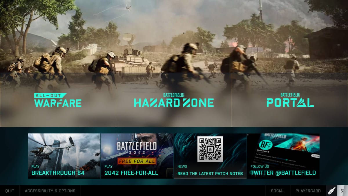 Battlefield 2042 Rush removed in-game title screen
