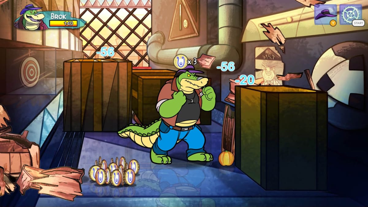 Brok fighting what appears to be boxes and collecting coins from them in Brok the InvestiGator