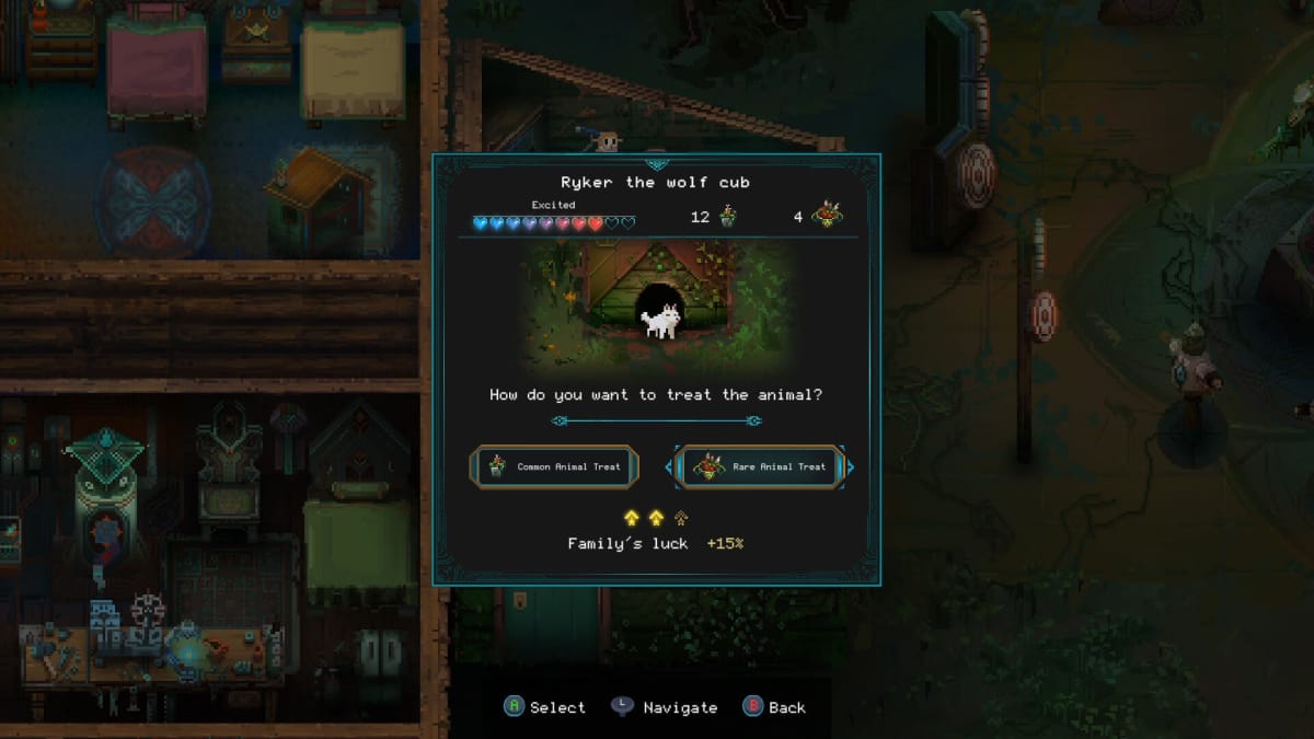 The player deciding what treat to give a cute wolf cub in Children of Morta
