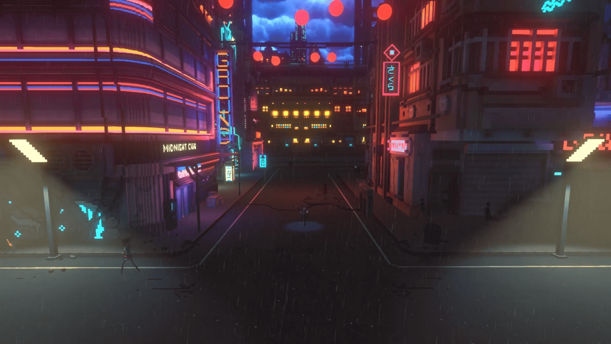 A ground-level shot of the city in Cloudpunk.