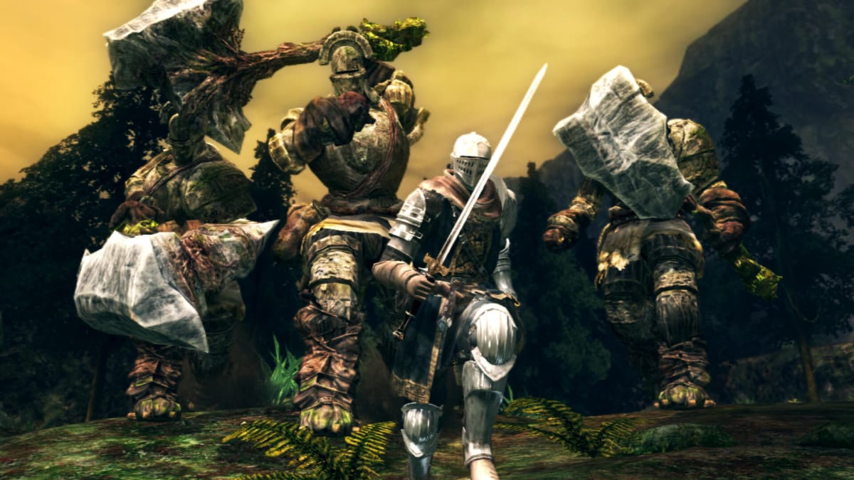 Dark Souls: Prepare To Die Edition Servers screenshot showing a player running for their life from three giants.