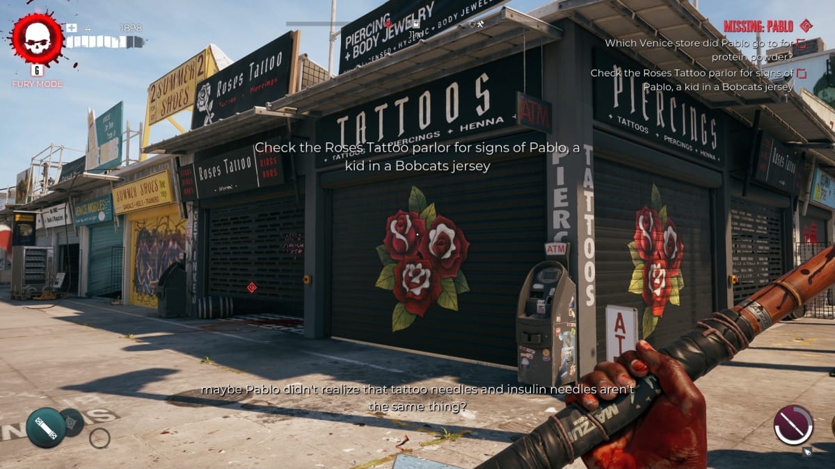 Dead Island 2 screenshot showing a tattoo parlor with closed shutters 