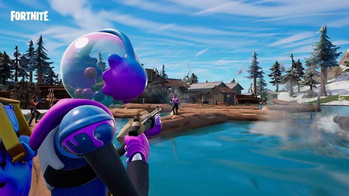 A player shooting at another player in Fortnite