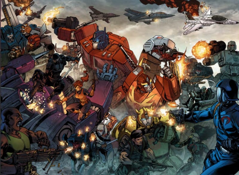 Artwork from the Essence20 Field Guide to Action & Adventure showing GI Joe, Cobra, Autobots and Decepticons fighting one another.