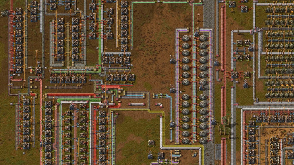 A factory operating in Factorio