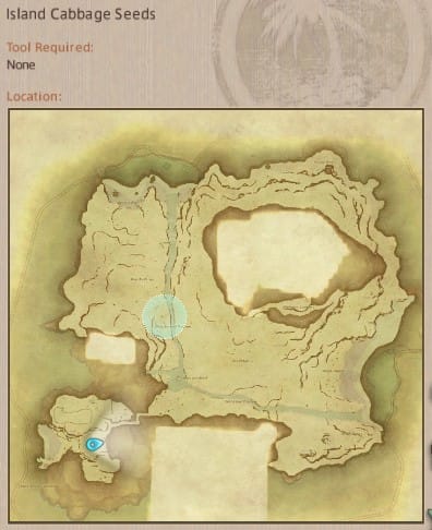 Map showing Final Fantasy XIV Island Sanctuary Island Cabbage gathering location.