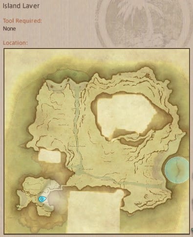 Map showing Final Fantasy XIV Island Sanctuary Island Laver gathering location.