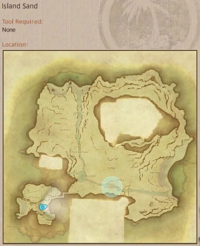Map showing Final Fantasy XIV Island Sanctuary Island Sand gathering location.