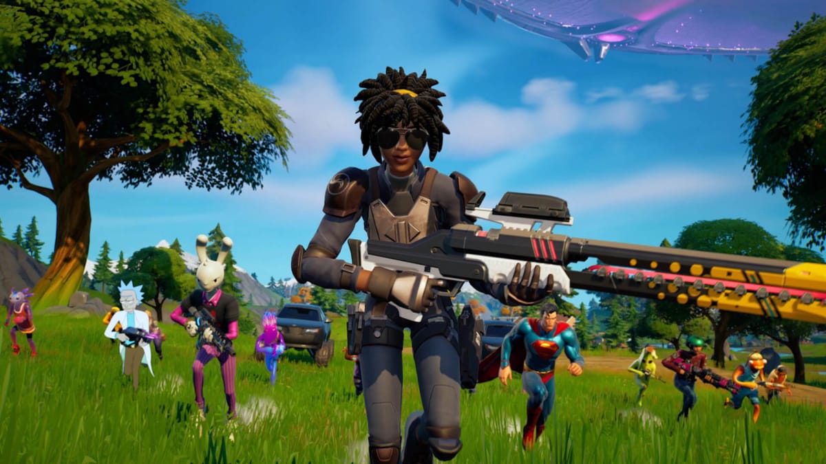 Characters including Rick Sanchez and Superman marching forward in Fortnite