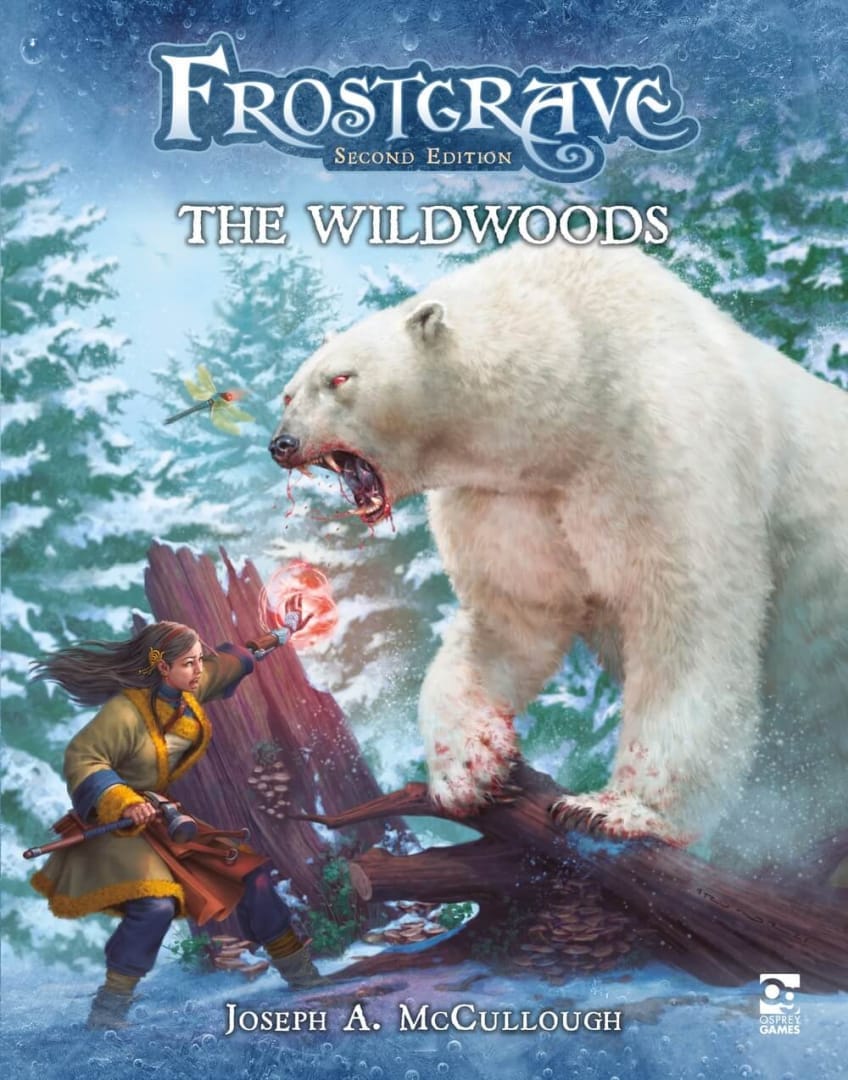 The cover to Frostgrave: The Wildwoods depicting a polar bear attacking adventurers