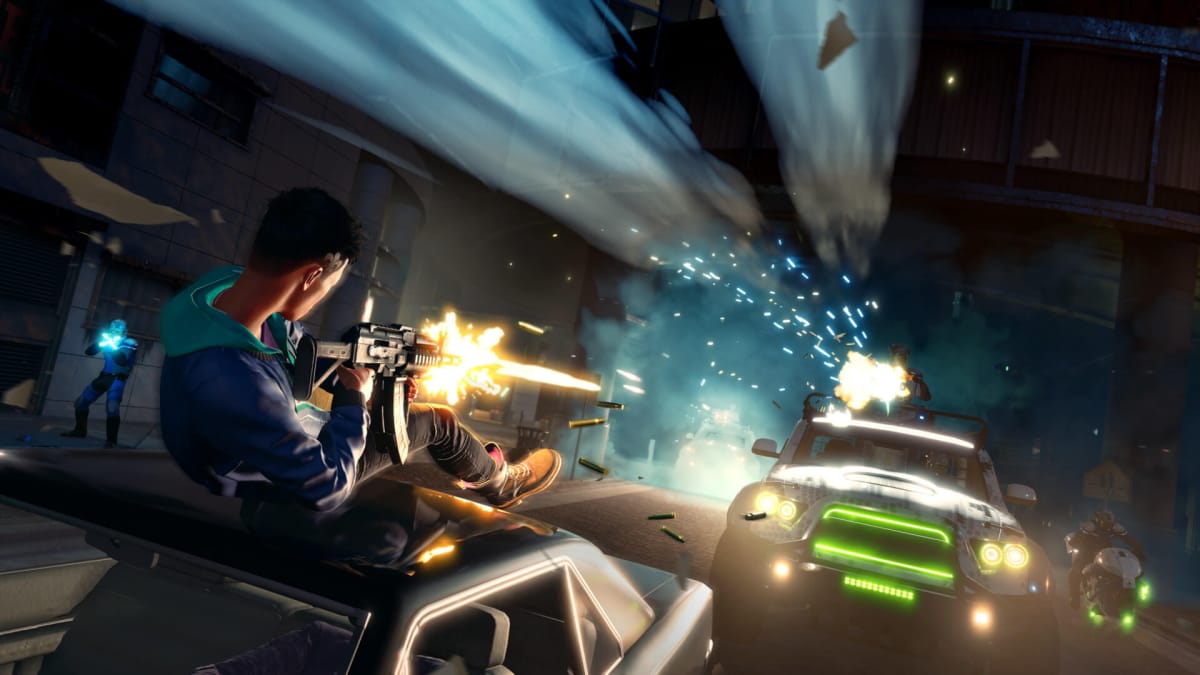 The player firing at a car in Saints Row, which was announced during Gamescom Opening Night Live 2021