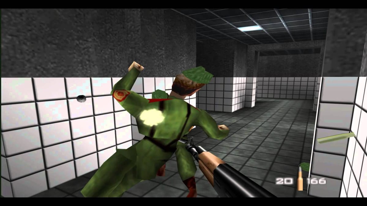 A gameplay screenshot of Goldeneye, showcasing the player engaged in combat with a KF7 Soviet assault rifle.
