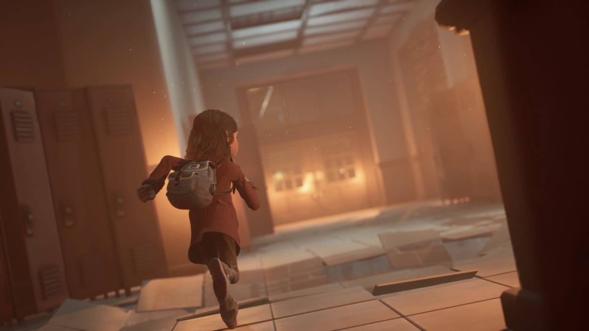 The protagonist running through a school in Gylt, a Google Stadia exclusive