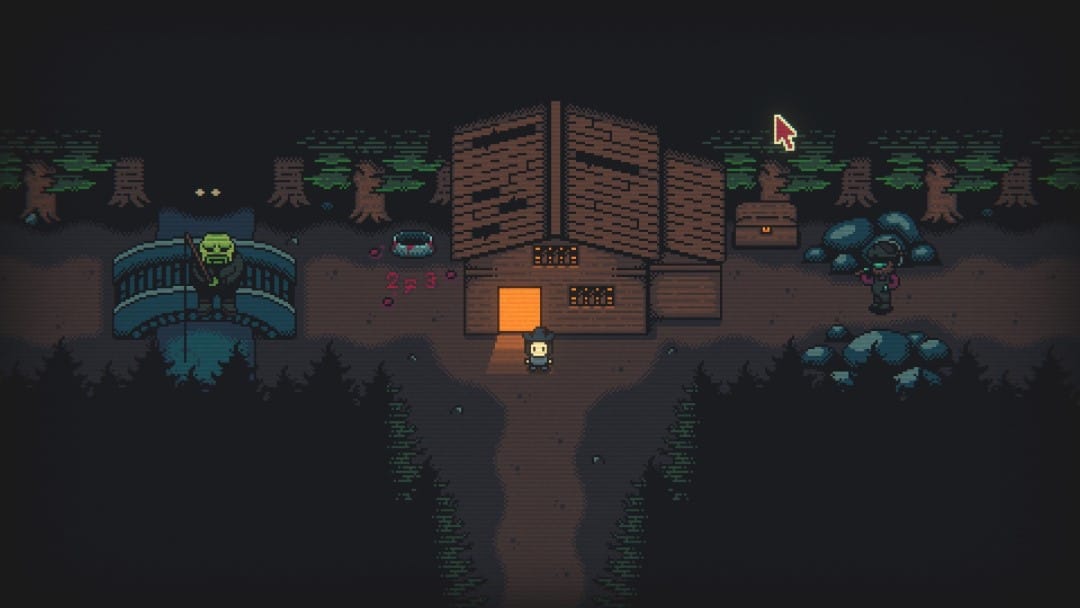 Leshy's cabin with the angler and prospector outside