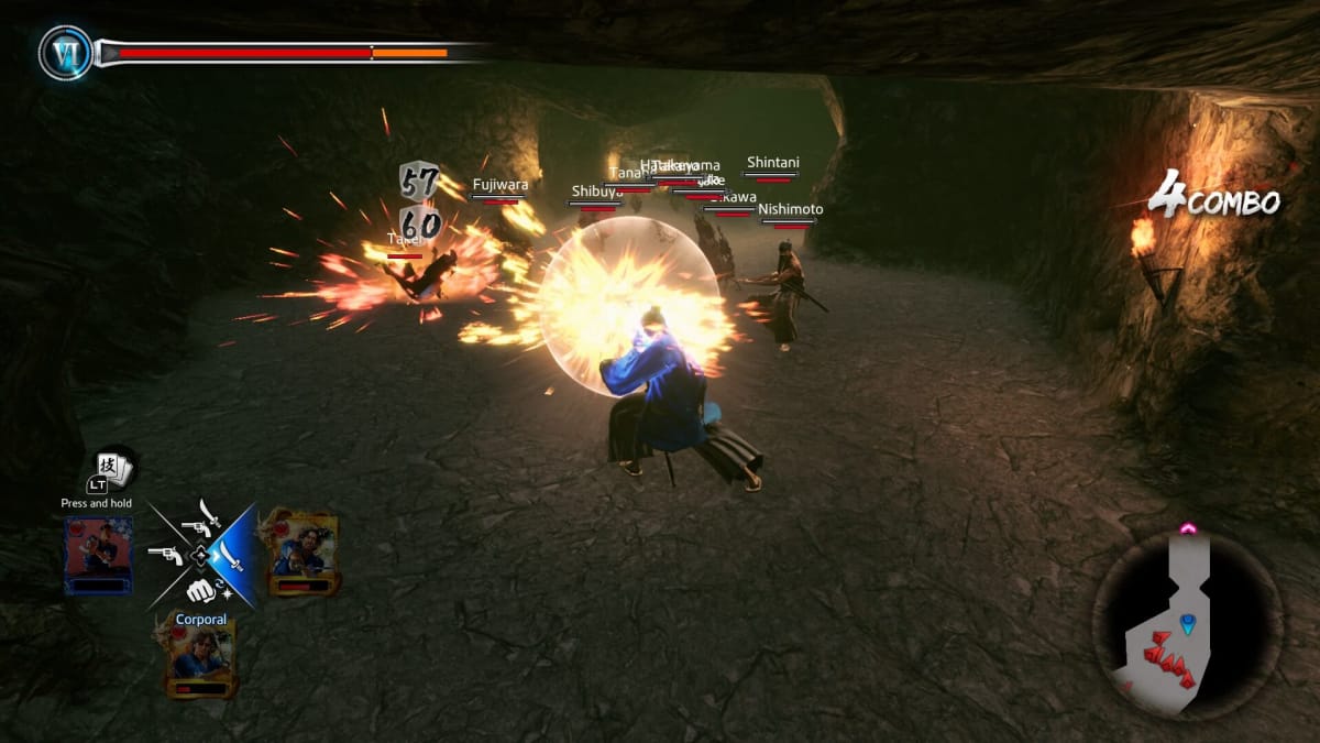 Ryouma attacking multiple enemies in a cave with fireballs in Like a Dragon: Ishin!.