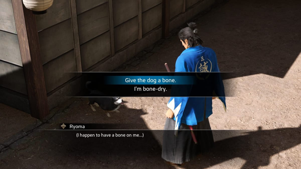 Ryouma deciding whether to give a dog a bone in Like a Dragon: Ishin!