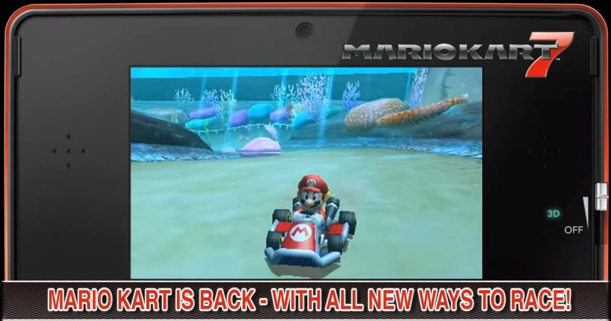 Mario racing around a track in Mario Kart 7, framed by the 3DS top screen