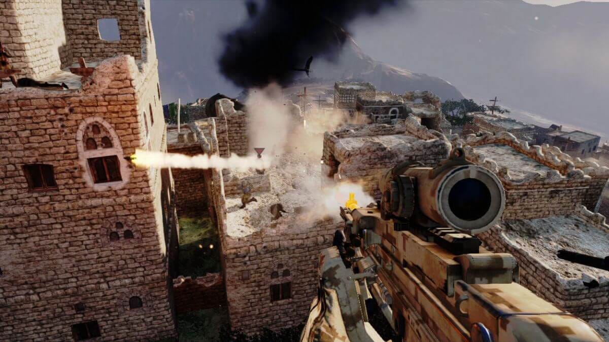Gameplay screenshot of Medal of Honor: Warfighter, showcasing a siege on a village.