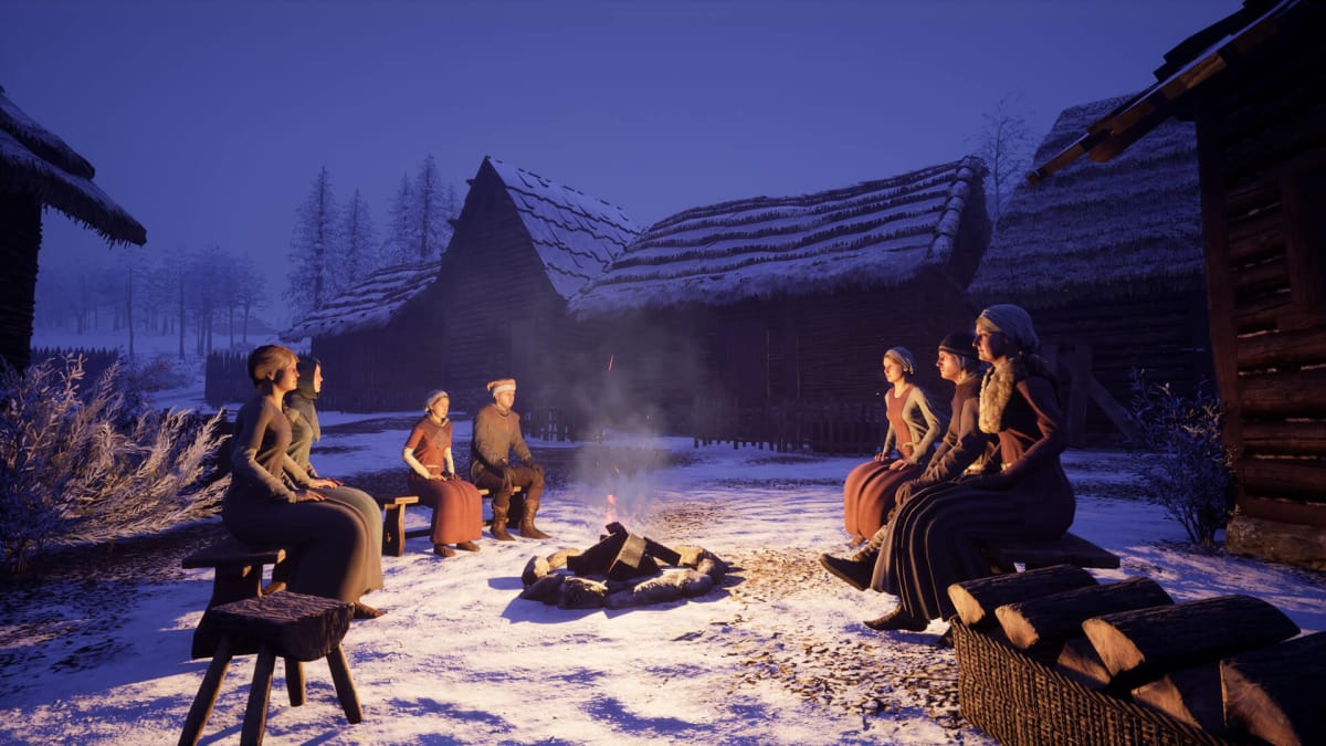 Villagers sitting around a campfire in Medieval Dynasty