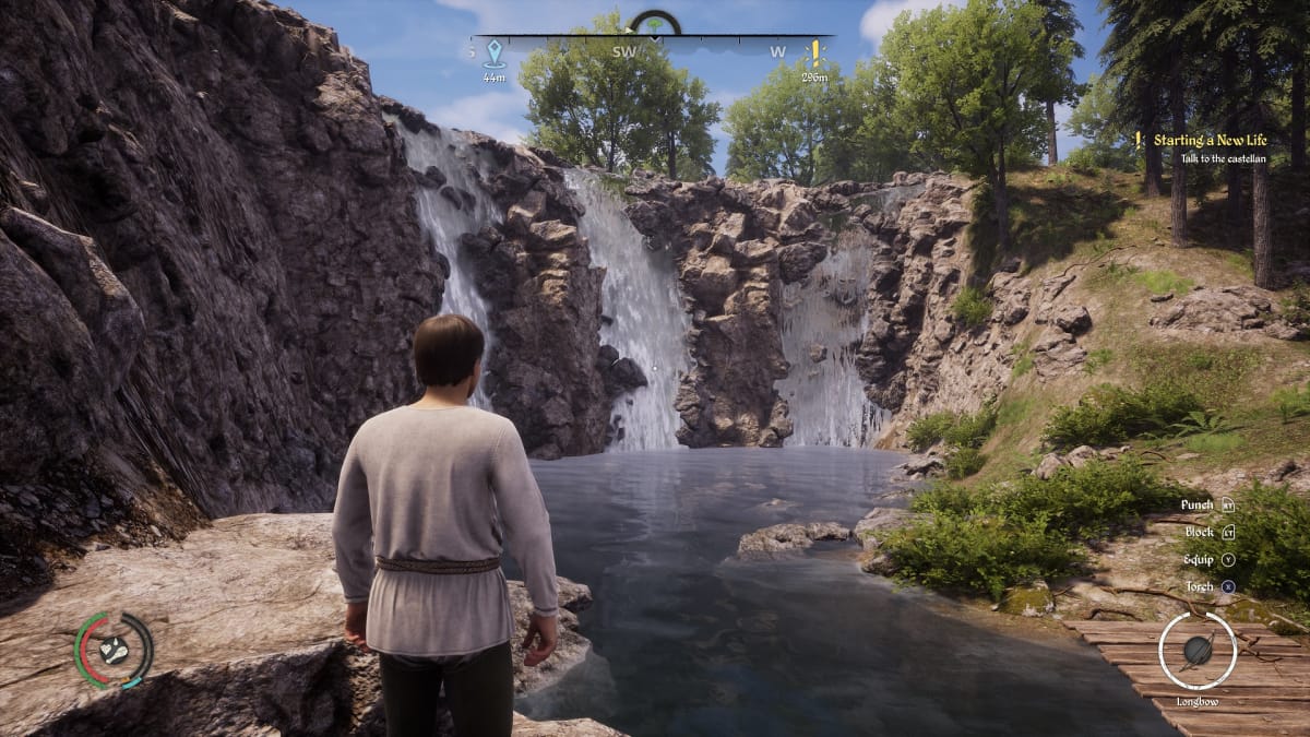 Medieval Dynasty console screenshot has man looking at flowing waterfall.