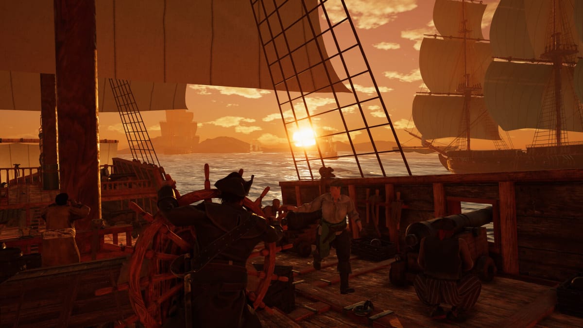 A pirate captain and his crew sail toward a sunsetting horizon.