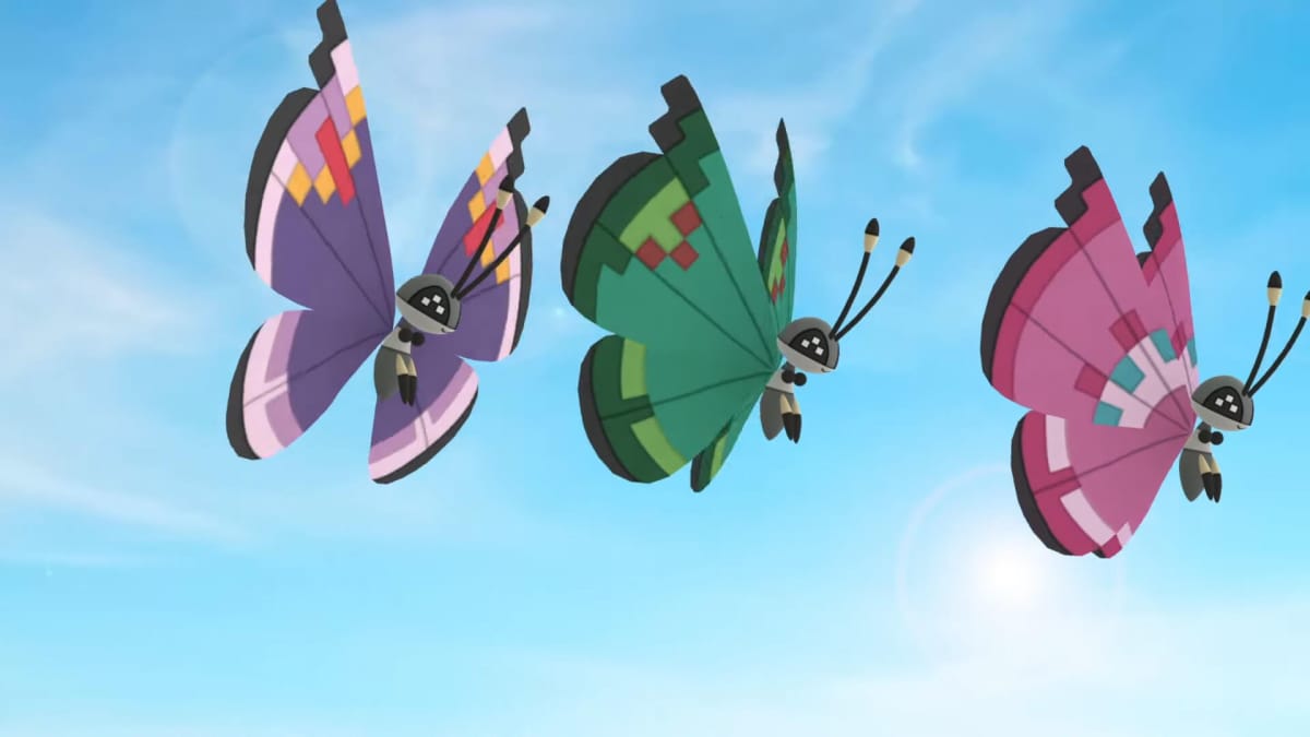 Three Vivillon floating majestically across the sky in Pokemon Go