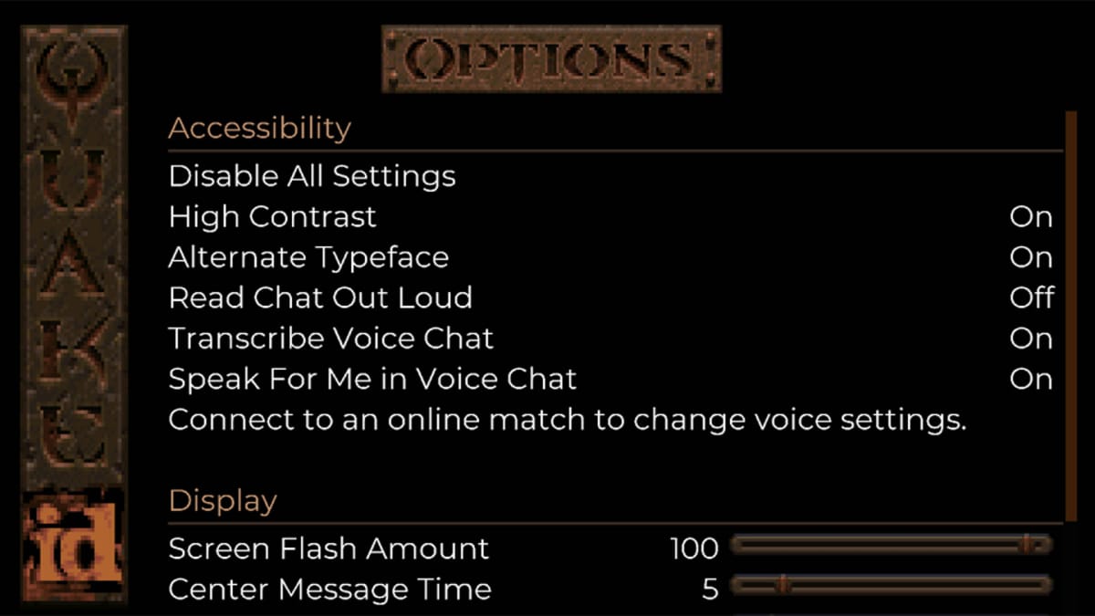 Quake Update 3 Accessibility Features menu