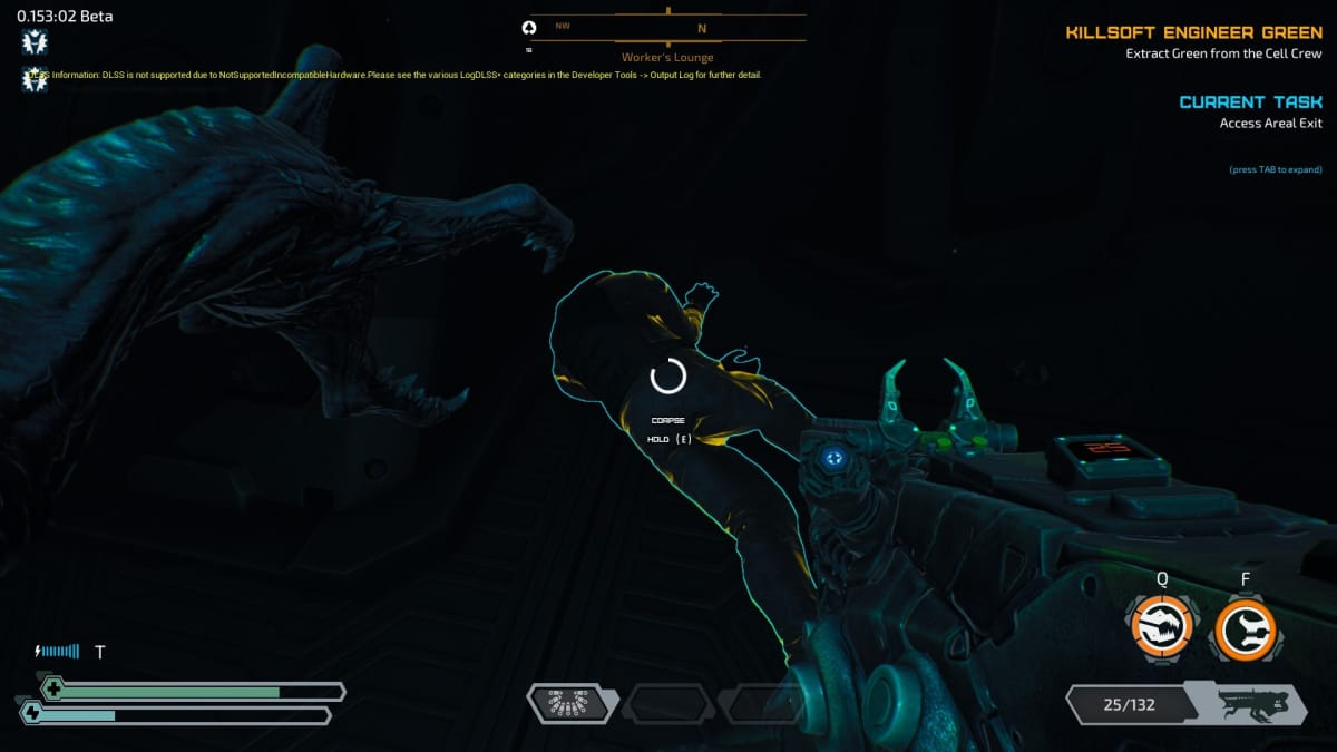 Ripout screenshot showing a curled over corpse lying on the ground with a yellow outline. 