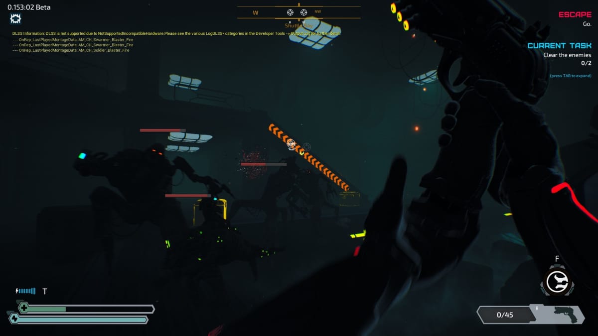 Ripout screenshot showing a darkened room where the silhouettes and glowing eyes of various cosmic horrors can be seen as the player reloads their gun. 