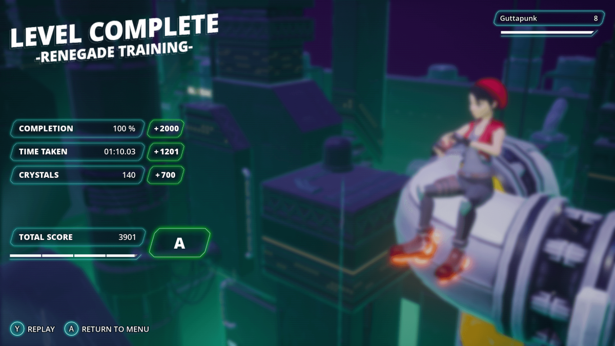 An in-game screenshot of Rooftop Renegade, showcasing the results screen, with Svetlana sitting on a platform in the background.