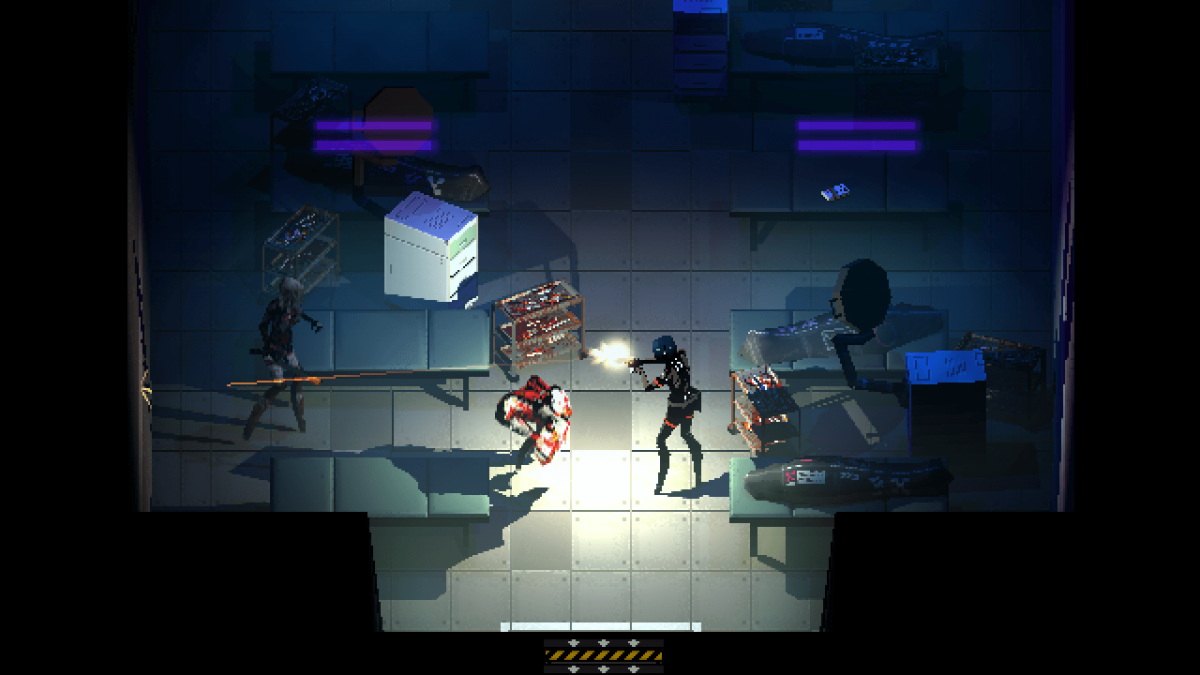A gameplay screenshot of SIGNALIS, showcasing the character Elster fighting several monsters inside a white room.