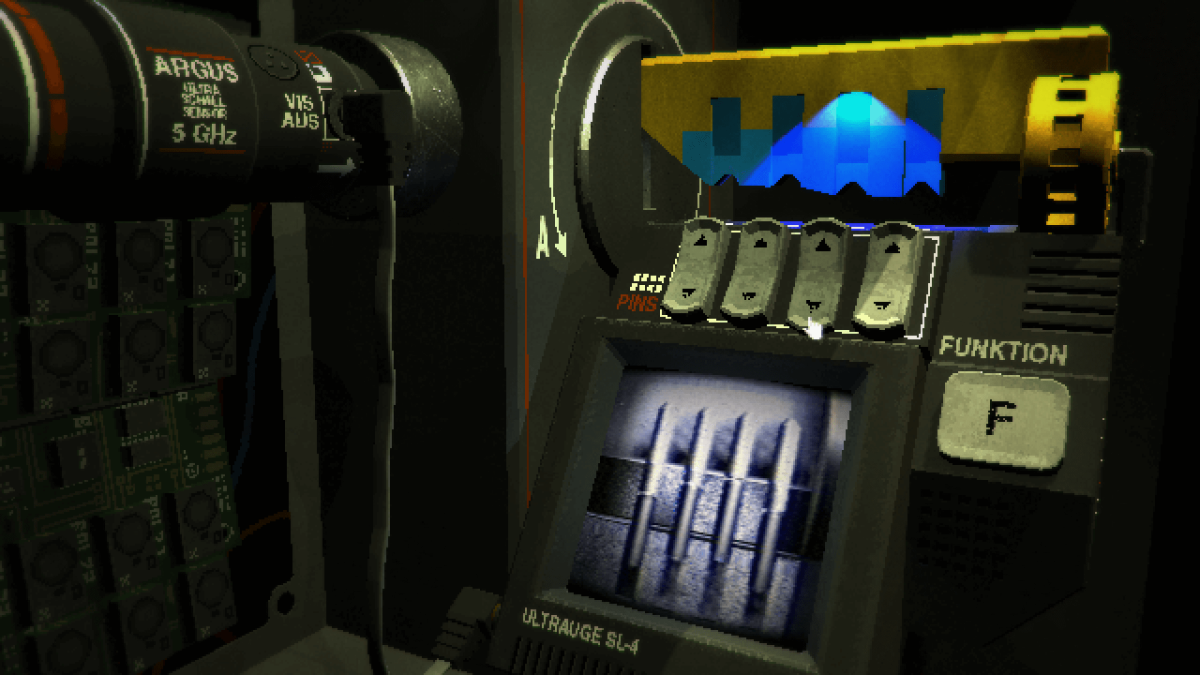A gameplay screenshot of SIGNALIS, showcasing a puzzle in which you have to unlock a door with an x-ray machine.