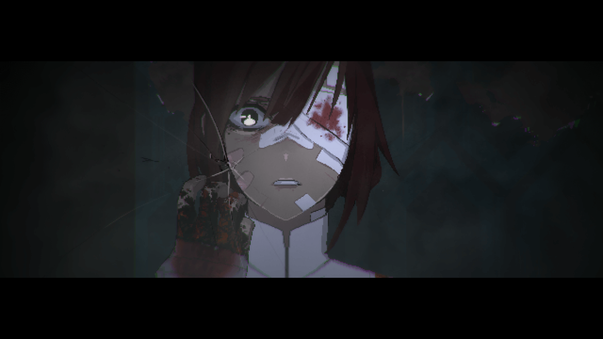 A cutscene of SIGNALIS, showcasing the character Isa with a bandage over her left eye, staring at her bloody hand.