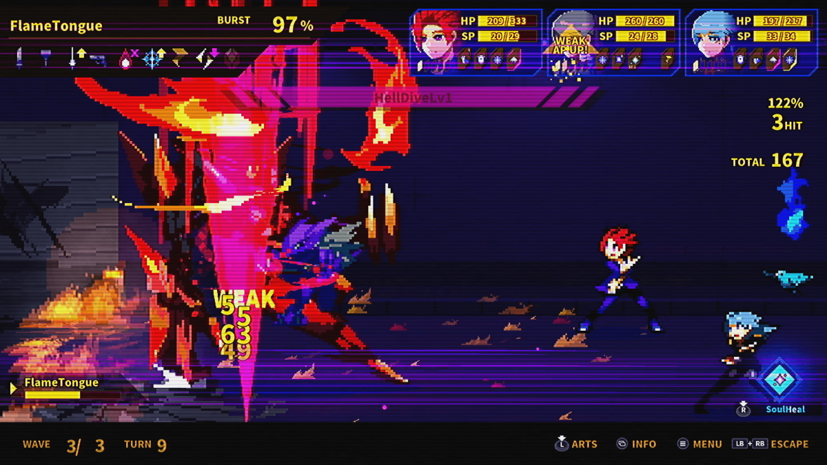 An in-game screenshot of SOULVARS, showcasing a battle taking place, with character Izuna initiating her Alternation move "Hell Dive".
